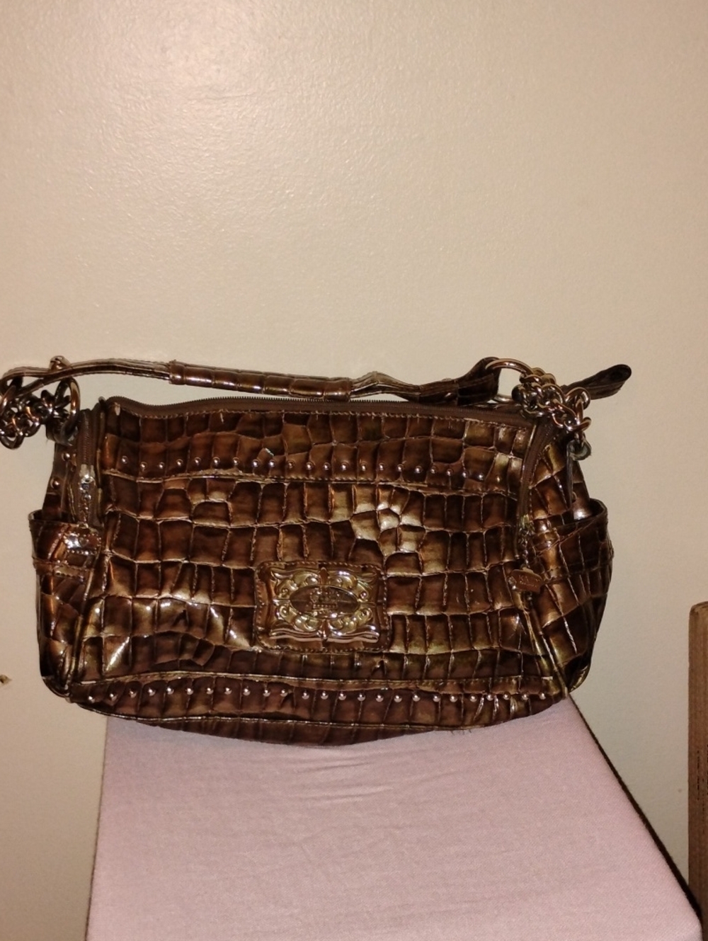 kathy ireland Brown Croc-Embossed Shoulder Bag with Silver Hardware